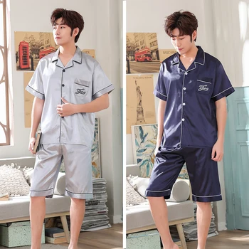 

New Style Silk Men's Pajamas Set Summer Simple Solid Color Male Pajamas Sets Short Sleeve Sleepwear Top +Pant Comfortable Home