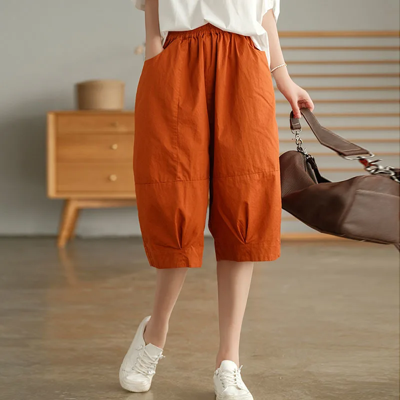 NINI WONDERLAND 2021 Summer Cotton Knee Length Straight Pants Retro Women Elastic Waist Loose Pants Korean Style Casual Trousers baggy pants Pants & Capris