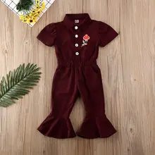 Детские комбинезоны; Рождественский комбинезон с розами для маленьких девочек; расклешенные брюки из хлопка на пуговицах; с короткими рукавами; с принтом и оборками;