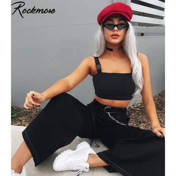 

Rockmore Black Gothic Buckle Strappy Tank Top Women Off Shoulder Straps Suspender Backless Vest Crop Top Femme Streetwear Club