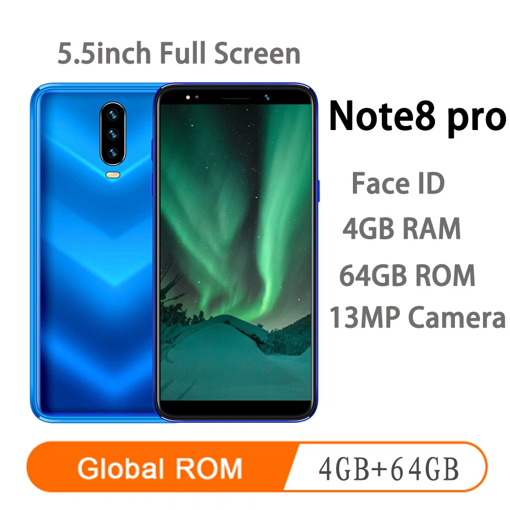 

Note8 pro 5.5"HD screen mobile phones android 4GB RAM 64GB ROM MTK6580 quad core celular 13MP camera Face ID Smartphone