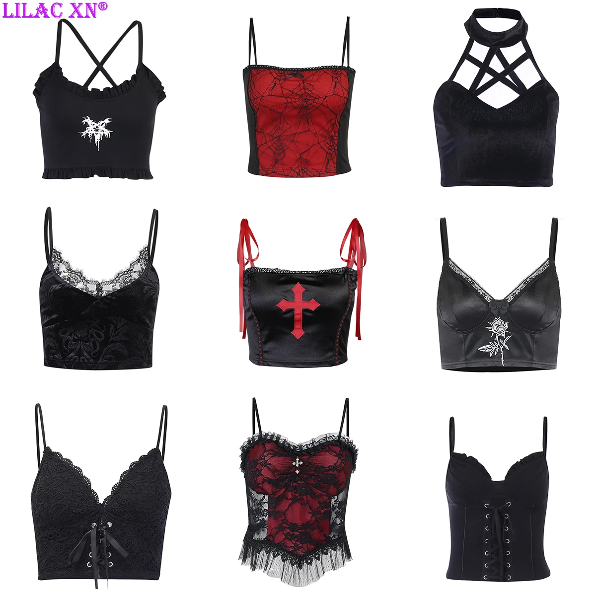 Goth Cross Print Lace Bodycon Crop Tops Camis Sexy Y2K Aesthetic Black Red Basic Corset Tank Top Summer Clothes for Women Girls red cami