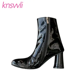 

Patent Leather Water Cup Strange Style Heel Ankle Boots For Women Botas Mujer Chunky Heel Shoes Woman Motorcycle Boots Zapatos
