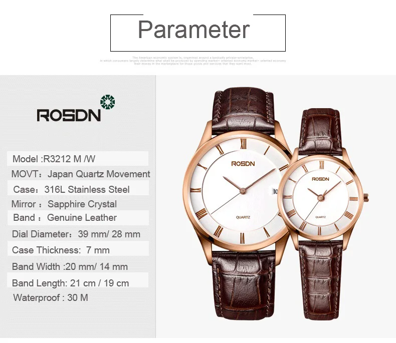 Роскошный бренд ROSDN пара японские кварцевые часы движение женские часы 7 мм ультра-тонкие часы водонепроницаемые кожаные часы R3212W