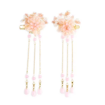 

2020 New Style Classical Antique Style Ornament Handmade Jade Flowers Glass Bead Hairpin Chinese Clothing Tassels Girls Bell Hai