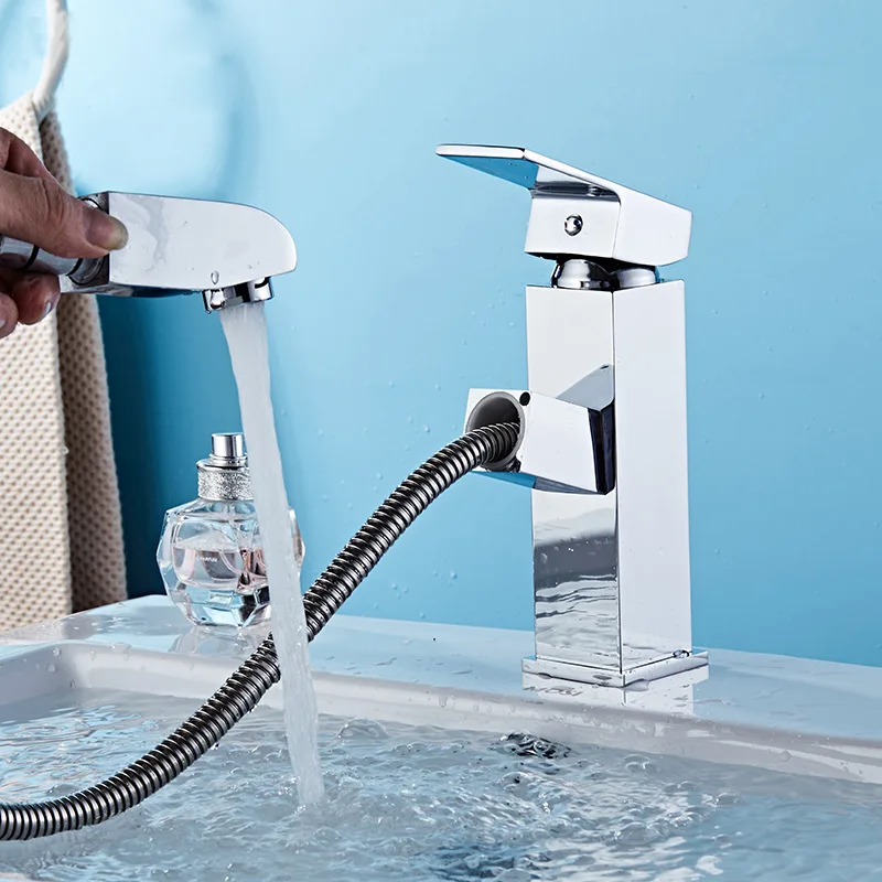 

New Style Pull-out Basin Hot And Cold Faucet Shampoo Copper Bathroom Retractable Hand Washing Basin Faucet