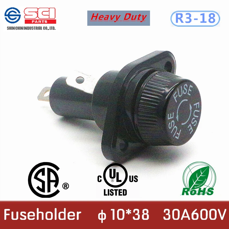 

R3-18/Taiwan SCI Fuse boxes/Phenolic (UL flame:94V-1)/ 30A 600V 10*38mm/heavy duty fuseholder/no fuse inside