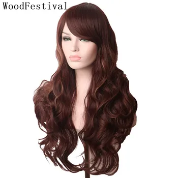

WoodFestival Wavy Cosplay Wig Women Heat Resistant Synthetic Wigs Hair Long Brown Pink Purple Red Blue White Halloween Harajuku