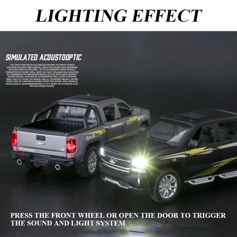  1:32 Chevrolet Silverado Pika Alloy Car Model Diecast Toy Vehicle 6 Open Doors With Sound/Light/Pul