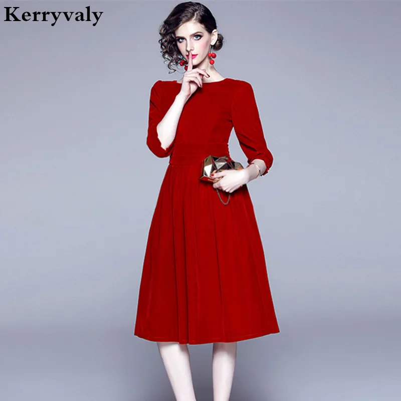 

New Women Red Christmas Gothic Velvet Winter Dress Vestido Invierno Mujer 2019 Midi Party Office Ladies Dresses Ropa Mujer K8869
