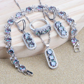 

Magic Rainbow CZ Bridal Jewelry Sets Silver 925 Women Stones Charms Bracelet Rings Earrings Wedding Set of Necklace Pendant
