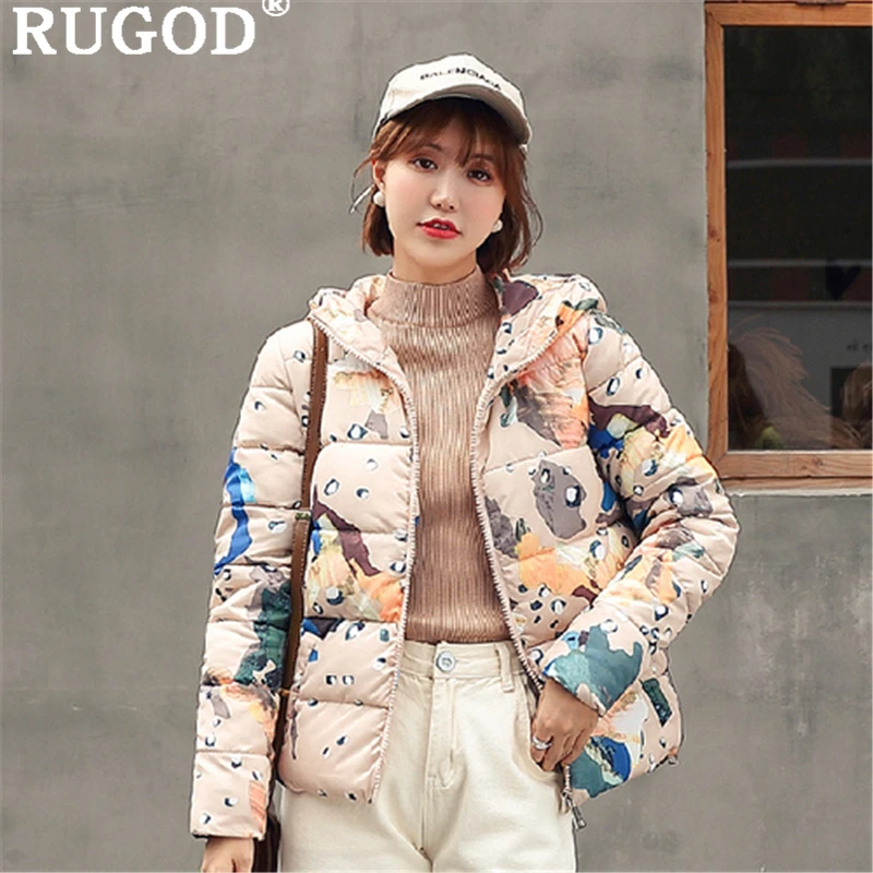 

RUGOD 2019 Auturm winter women cotton coat Korean loose printed long sleeve college cute female warm parka overcoat 2019