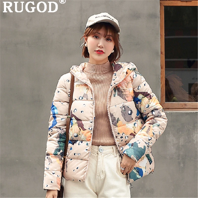 RUGOD 2019 Осень-Зима Женское хлопковое пальто корейское свободное с принтом длинным
