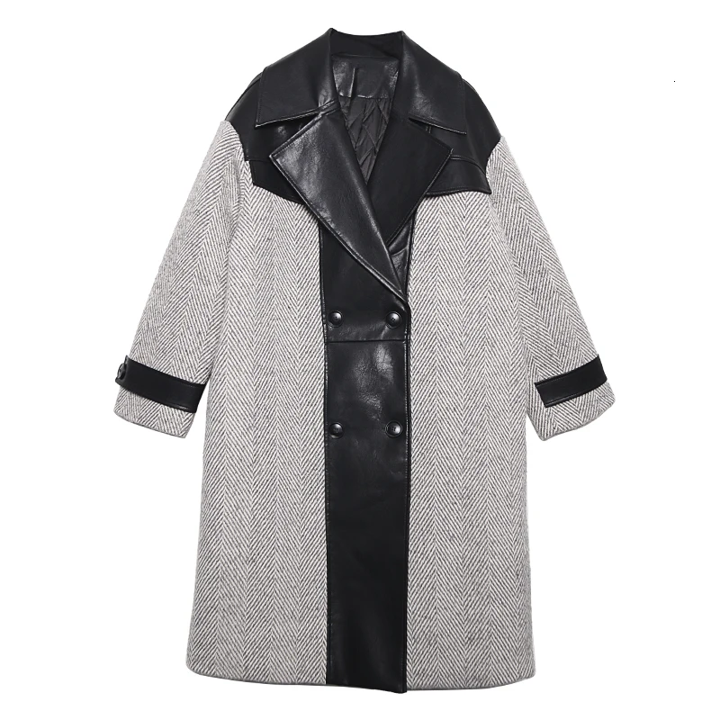 gray SeeBeautiful Новая мода зимнее пальто из искусственной кожи с отворотом и длинным рукавом, двубортное теплое толстое пальто свободного кроя для женщин Q682 - Цвет: gray