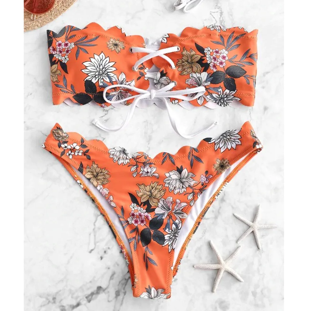 

Swimsuit 2020 Biquini Daisy Print Lettuce Lace-Up Strapless Off The Shoulder Bandeau Bikini Swimwear Women Sexy Bathing Suit #F