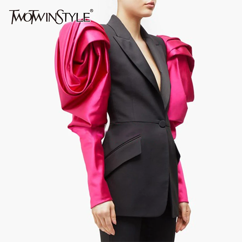 Buy TWOTWINSTYLE Hit Color Ruched Patchwork Puff Sleeve Blazer For Women Notched Single Button Female Suit 2019 Autumn Fashion New