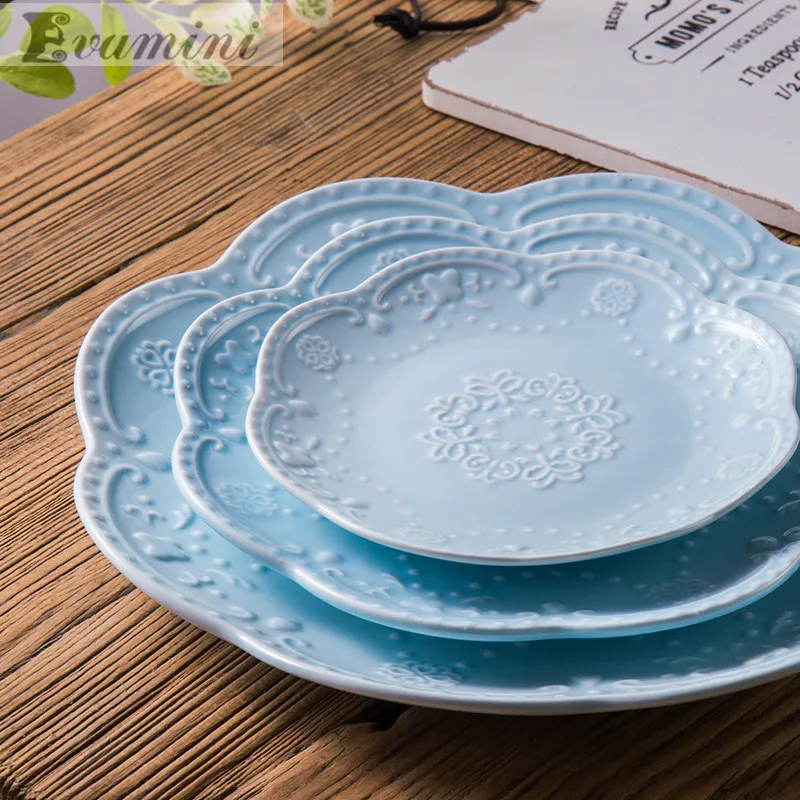 Assiettes plates en céramique européenne glaçure dentelle ronde gâteau fromage collation