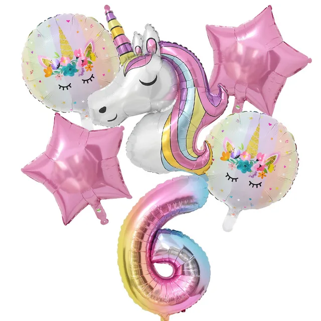 1Set Rainbow Unicorn Balloon 32 inch Number Foil Balloons 1st Kids Unicorn Theme Birthday Party Decorations Baby Shower Globos 6pcs number6 set
