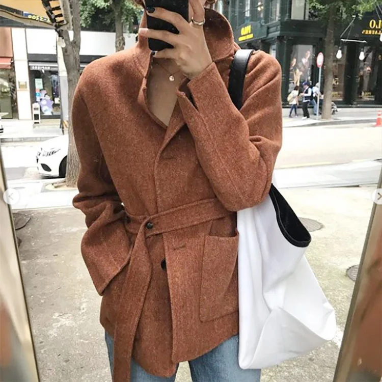 WHITNEY WANG осенне-зимнее модное уличная винтажное стильное шерстяное пальто с поясом женское элегантное шерстяное пальто верхняя одежда