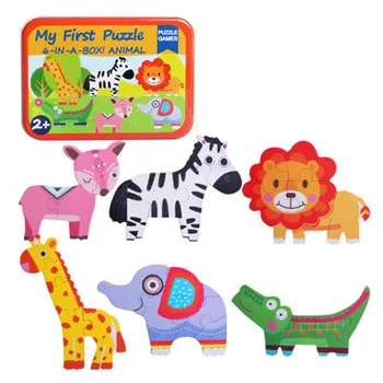 

Kids Puzzle Toy Cartoon Animals Learning Education Wooden Toys 6 in 1 Educational Toy with Iron Box For Children Birthday Gift 7