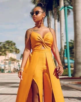 

2019 Women Jumpsuit Sexy Strapless Sleeveless Long Wide Leg Pants Rompers High Split Loose Elegant Jumpsuit Outerwear