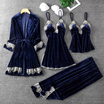 

Navy 4 Pieces Women's Pajamas Set Sexy Lace Robe Winter Loose Pajamas Long Sleeve Sleepwear Gold Velvet Nightwear Lingerie