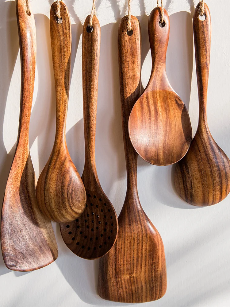 

Thailand Teak Natural Wood Tableware Spoon Ladle Turner Long Rice Colander Soup Skimmer Cooking Spoons Scoop Kitchen Tool Set