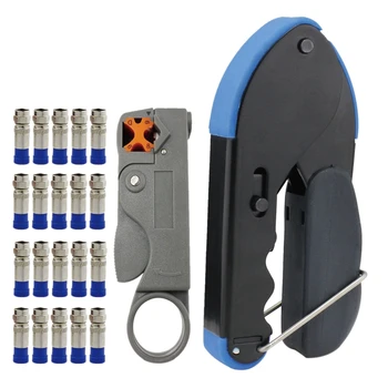 

22Pcs/Set Wire Stripping Pliers RG6/RG59 Connector Tool Cable Stripper RG6 Fitting with 20X F Compression Connectors