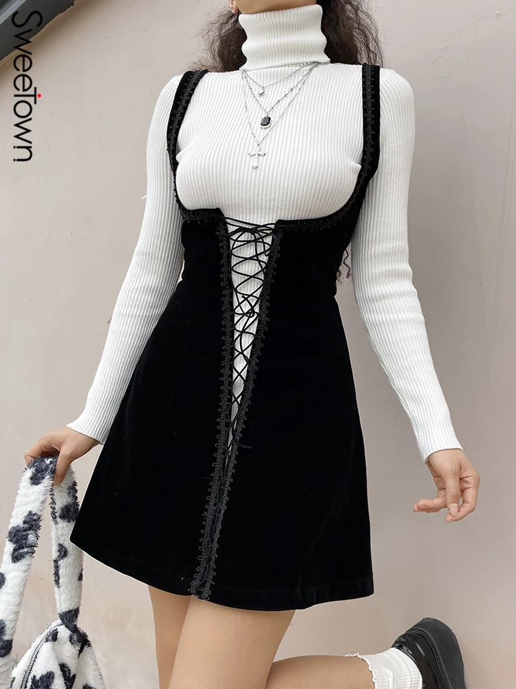 Sweetown Sleeveless Tie Up Velvet Corset Dresses For Women Party