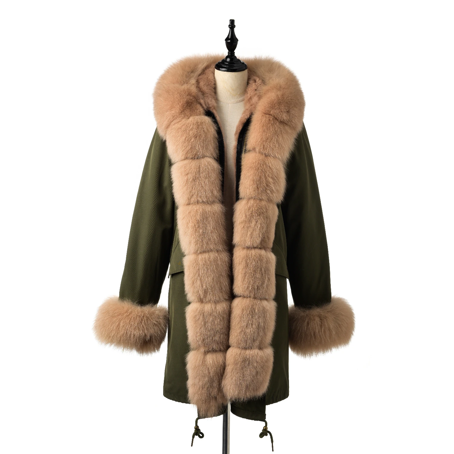 Green With Khaki Мех Sarcar Зима Новая женская подкладка из натурального кроличьего меха парка пальто женские куртки и пальто с воротником из лисьего меха капюшон толстые пальто - Цвет: Green With Khaki