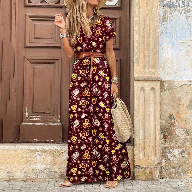 2021 Summer V-neck Short Sleeve Boho Maxi Dress Women Retro Floral Print High Waist Beach Ladies Chiffon Long Dresses with Belt