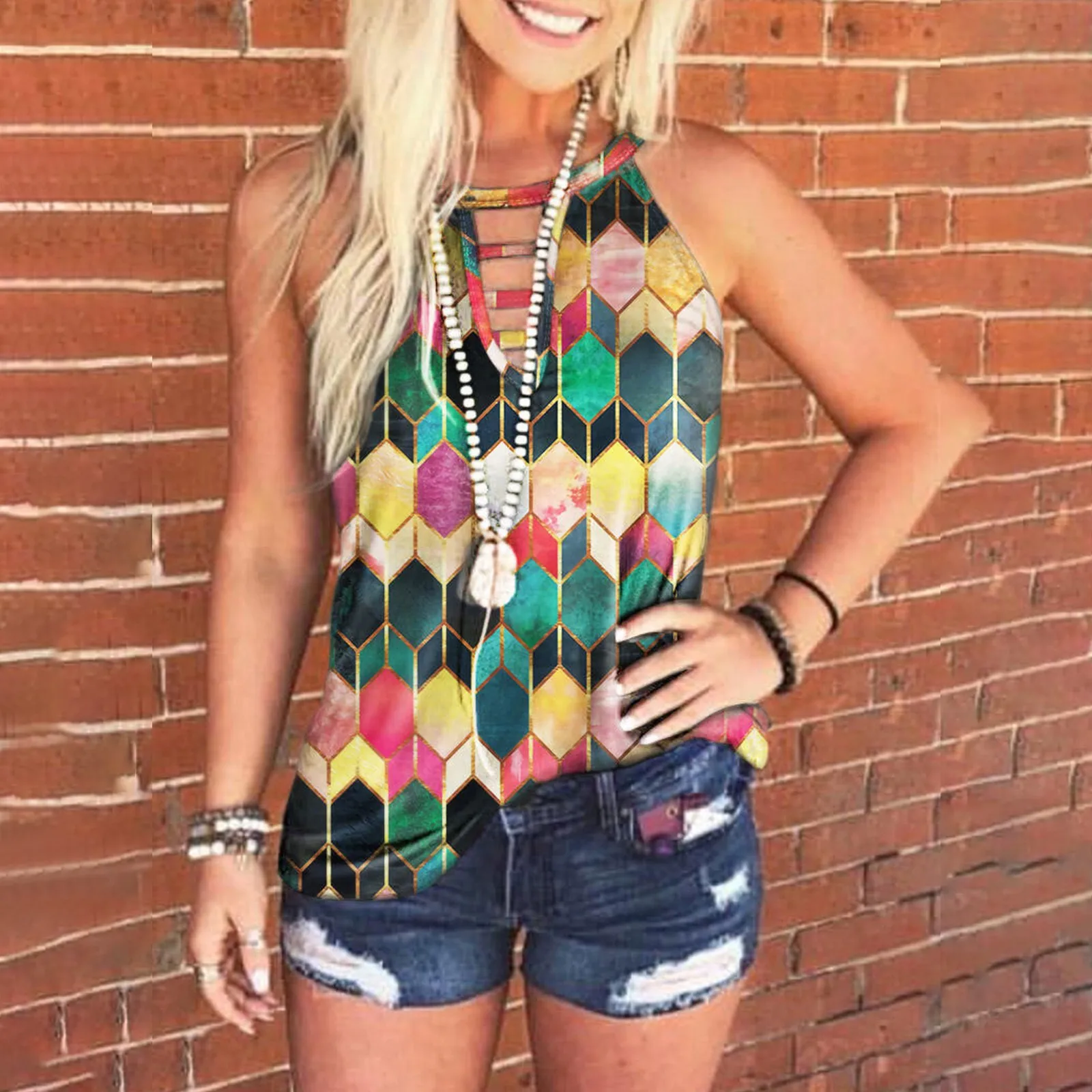 

Fashion Diamond Print Blouse Shirt Sexy Hollow Out Tops Tee Summer Casual Ladies Tops Female Women Sleeveless Blusas Pullover