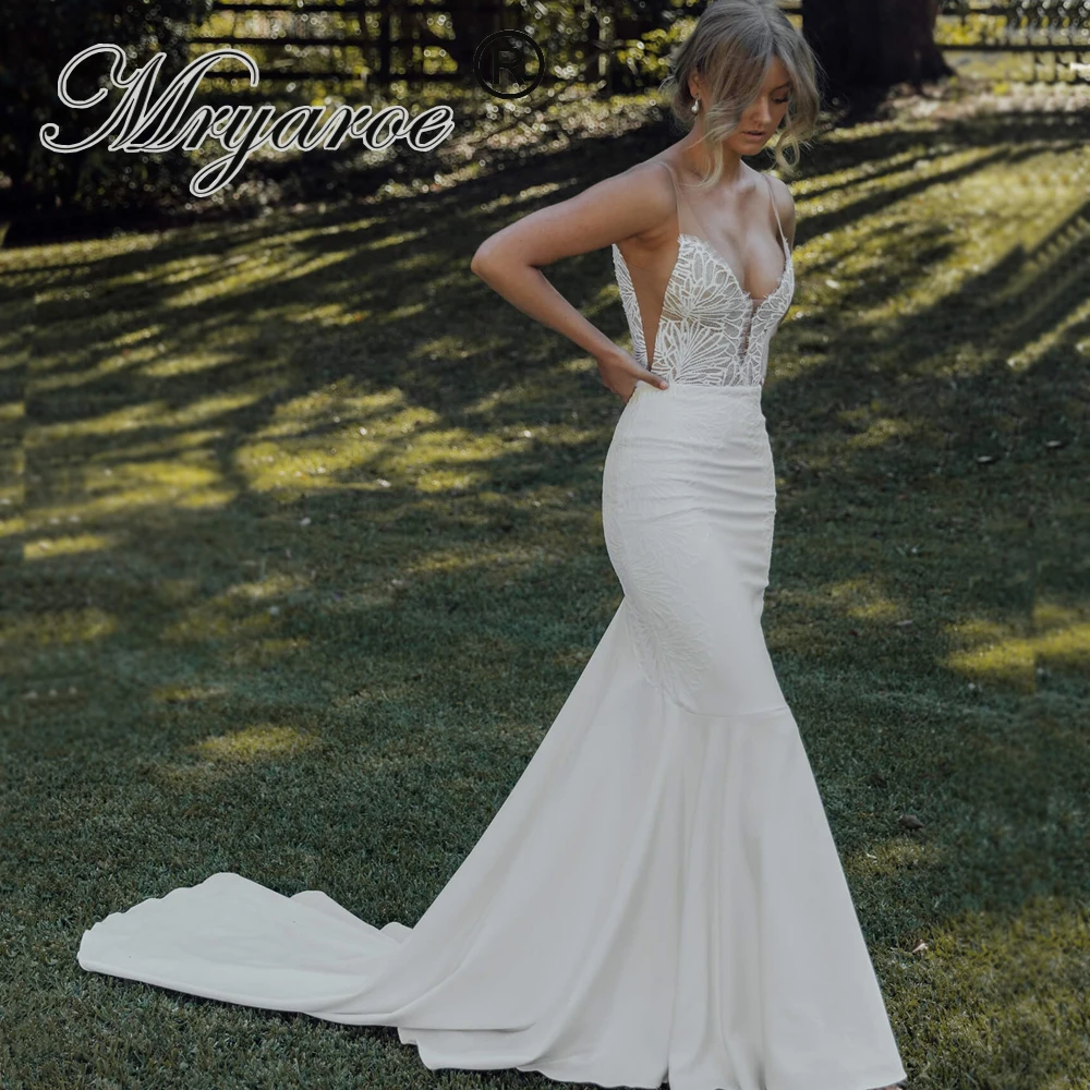 Mryarce Sexy Plunging V Neck Sleeveless Lace Stretch Crepe Wedding Dress Open Back Bridal Gowns dresses for wedding