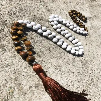 

8MM tiger's-eye White Howlite 108 Beads Mala Necklace yoga elegant natural Chakas Handmade Healing classic Lucky energy Wrist