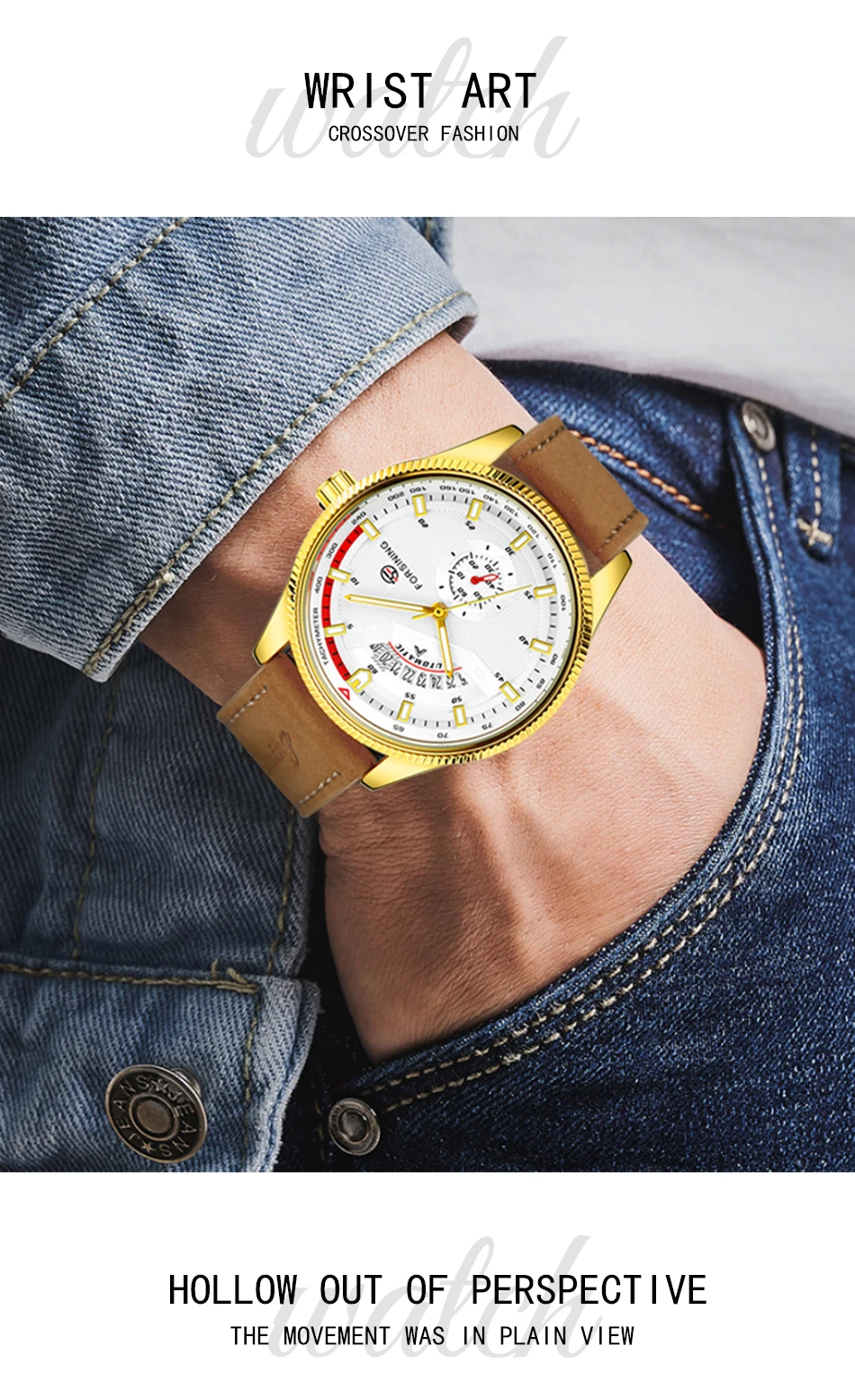 relógio oco automático de lazer, relógio mecânico com pulseira marrom