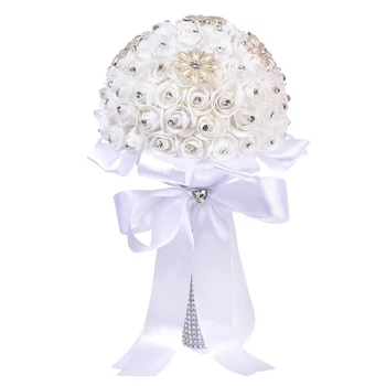 

Bride Wedding Bouquet, Crystal Roses Bridesmaid Wedding Bouquet Bridal Artificial Silk Flowers Rhinestone Pearl Decoration
