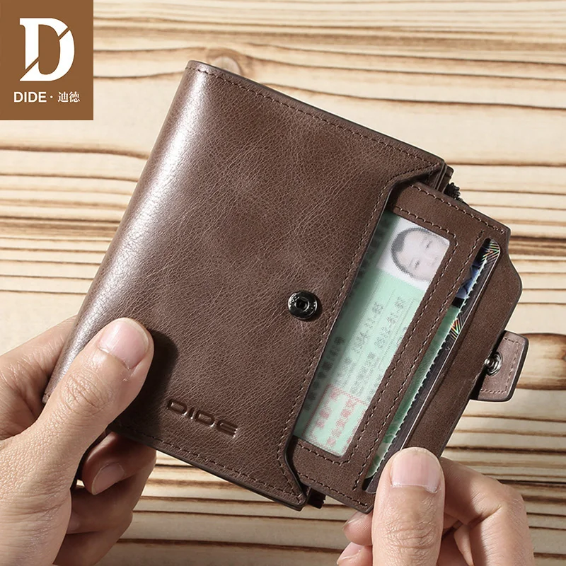 Comprar DIDE monederos para hombre, carteras de cuero genuino, marca masculina, Vintage, Mini pequeña, con cremallera, monedero corto, tarjetero, caja de regalo fina