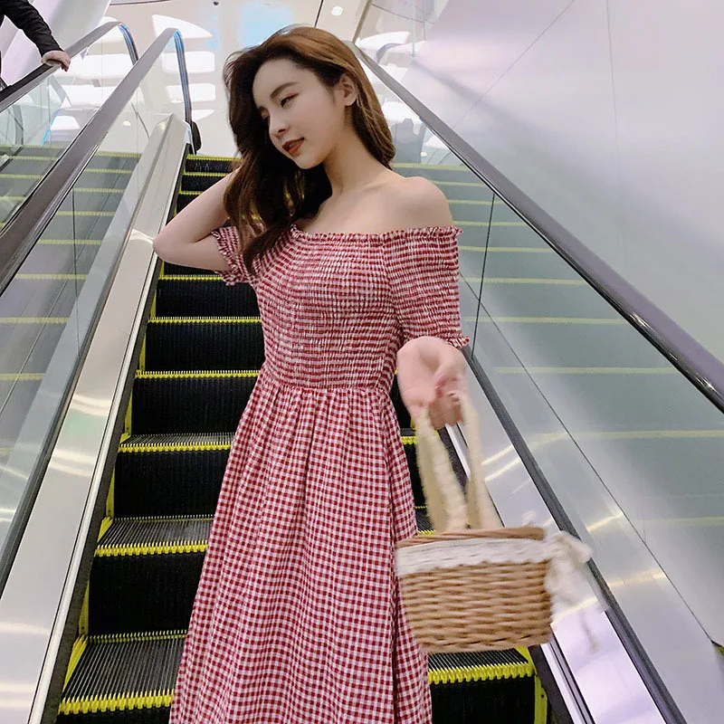 

Photo Shoot Very Fairy of France Non-mainstream Dress 2019 Summer New Style off-Shoulder Hong Kong Style Plaid Waist Hugging Med