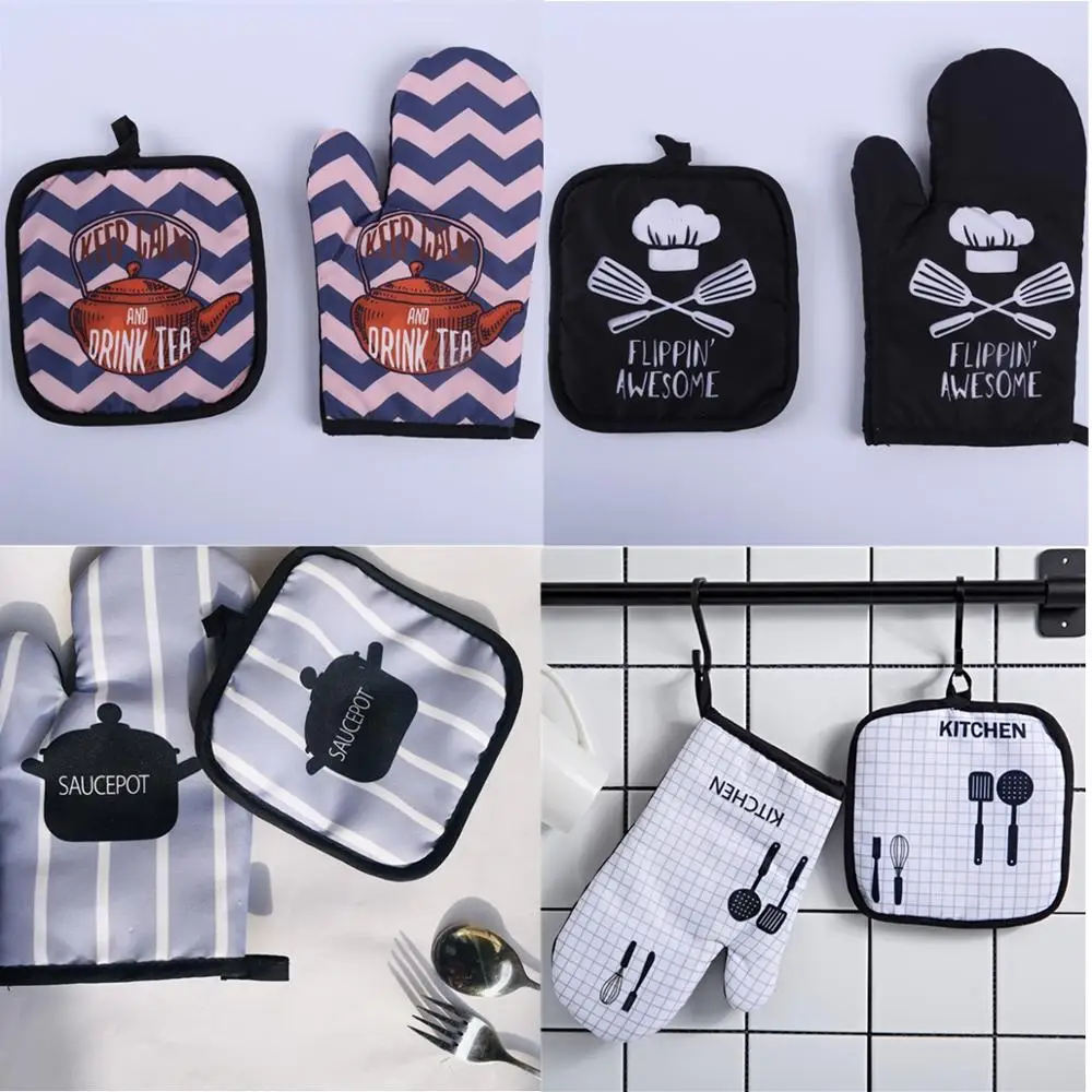 2pc/set BBQ Glove Microwave Baking Cotton Cute Oven Mitts Heat Resistant Linen Potholders Non-slip Kitchen Cooking Tools Mitten