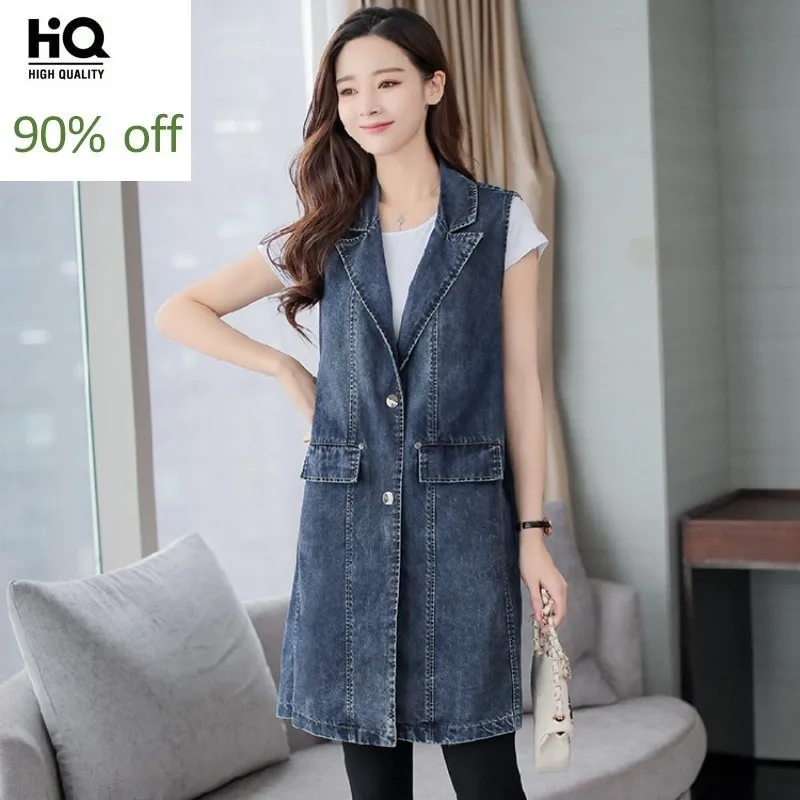 

Denim Vest Women Spring Autumn Elegant Turn-down Collar Sleeveless Jacket Casual Pocket Loose Long Waistcoat Female Big Size 3XL