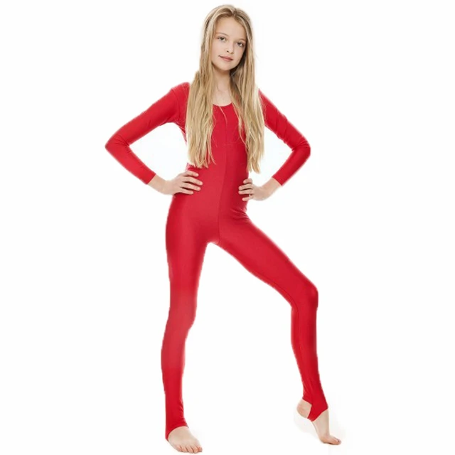 Girls Red Spandex Spandex Full Bodysuit With Stirrup Gymnastic