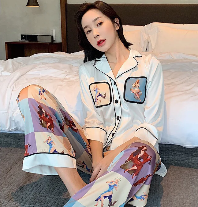 

New Long Sleeve Womens Silk-like Printing Pajama Suit Plus Size Pajamas for Women Satin Sleepwear Sexy Two Piece Home Clothes