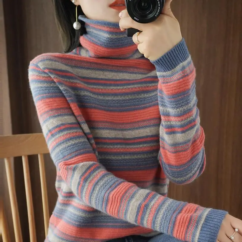 

stretch Turtleneck Slim Wool sweater women Striped long sleeve sweater Round neckknit sweater inner base 2020 autumn