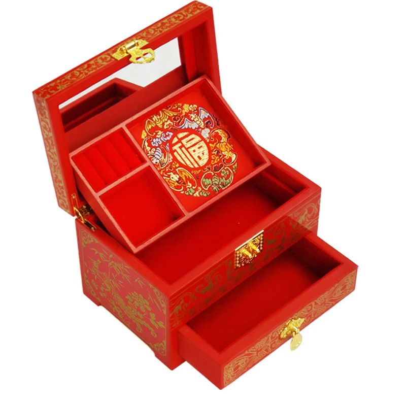 Chinese Lacquerware 3 Layer Wood Jewelry Drawer Box Wholesale Packaging with Lock Decoration Storage Boxes Wedding Jewelry  Case