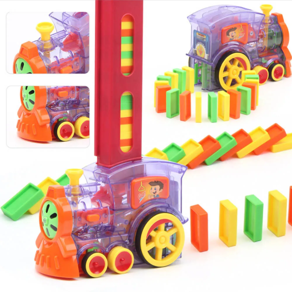 Juego de bloques de construcción modelo tren dominó para niños, juguete infantil de construcción con coloridos vehículos eléctricos