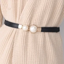 

Women Double Pearl Belt PU Leather Dress Skirt Waist Elastic Thin Belts Ladies Waistband