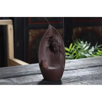 

Buddha Statue Backflow Incense Burner Purple Stand Ceramic Censer Use In Home Teahouse Smoke Waterfall Incense Stick Holder