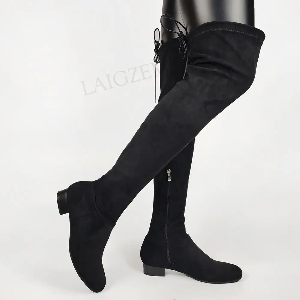 

LAIGZEM Women Over Knee High Boots Low Chunky Heels Side Zip Boots Ladies Black Autumn Winter Girl Shoes Woman Big Size 44 47 52