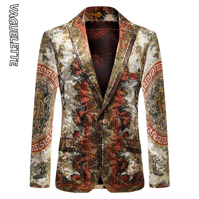 

Vaguelette Luxury Printed Blazer Men Slim Fit Winter Jacket Party Wedding Jacket Coat Stage Clothers Big Size M-4XL