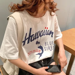 Hawaii Printed Cartoon Loose Fit Women's Graphic Tee - Summer Holiday Harajuku Style - S (WHITE)